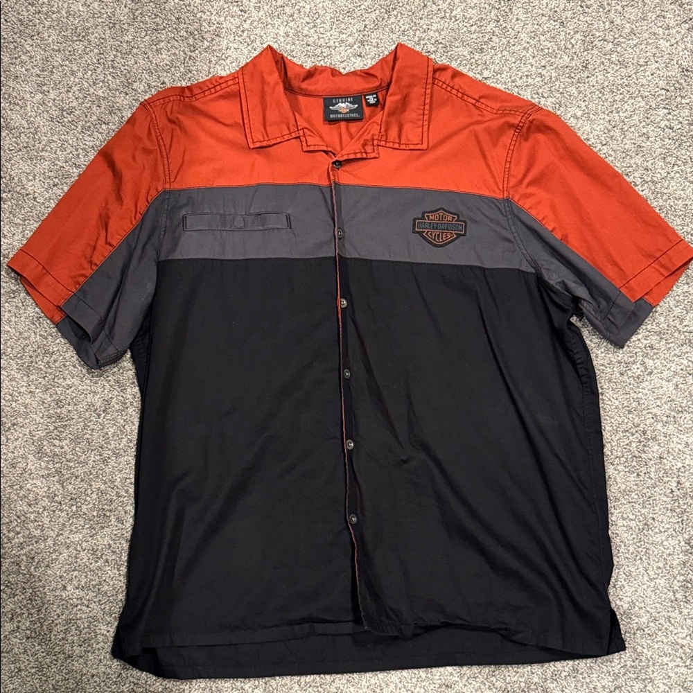 Harley-Davidson Orange, Gray, and Black Button Down Shirt